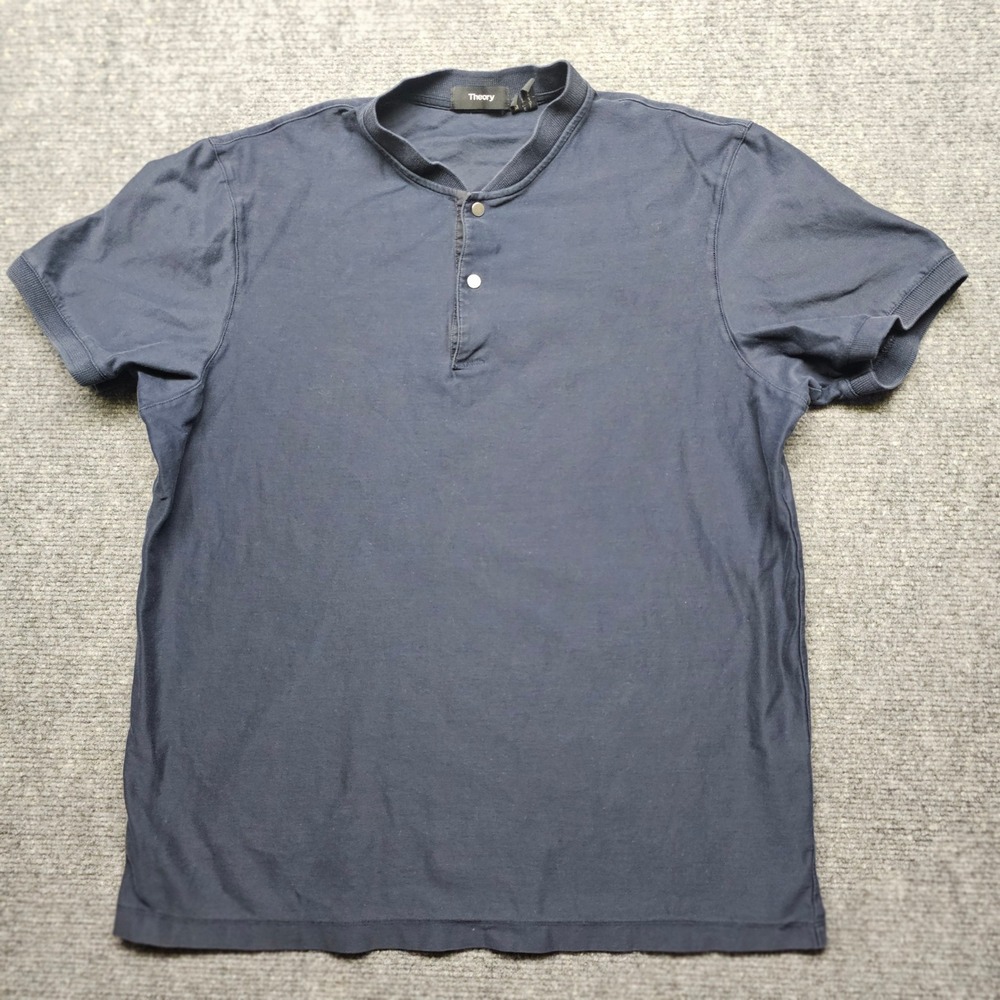 Theory Olle Polo Lucent Jersey Navy Blue Banded Collar Snap Button Mens Medium